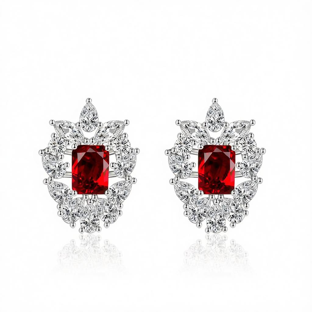 Red Crystal and Cubic Zirconia Cluster Stud Earrings, cubic zirconia stud earrings for women, side view