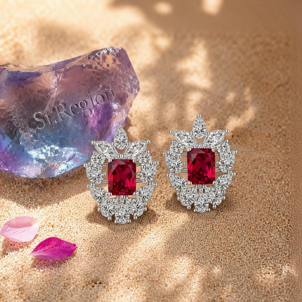 Red Crystal and Cubic Zirconia Cluster Stud Earrings, cubic zirconia stud earrings for women, detail close-up