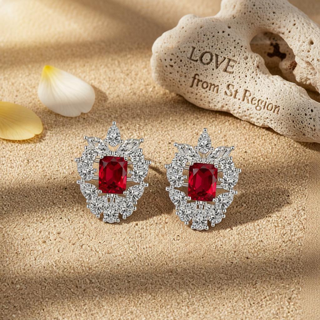 Red Crystal and Cubic Zirconia Cluster Stud Earrings, cubic zirconia stud earrings for women, lifestyle look