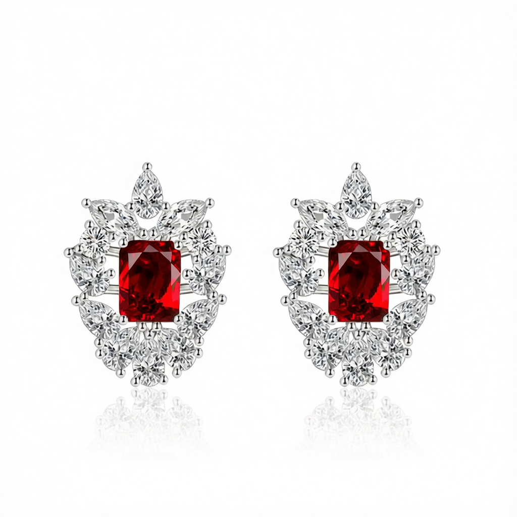 Red Crystal & Cubic Zirconia Cluster Stud Earrings