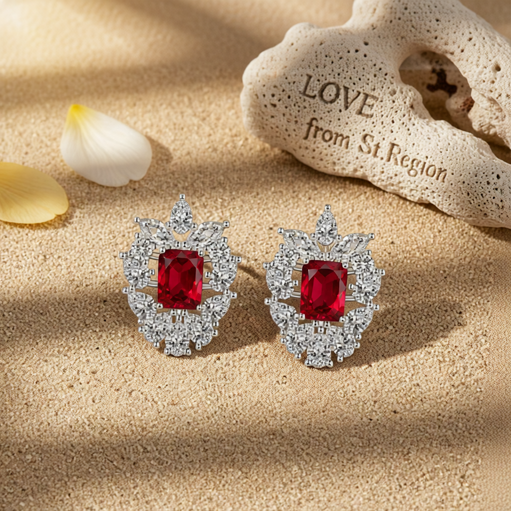 Red Crystal & Cubic Zirconia Cluster Stud Earrings