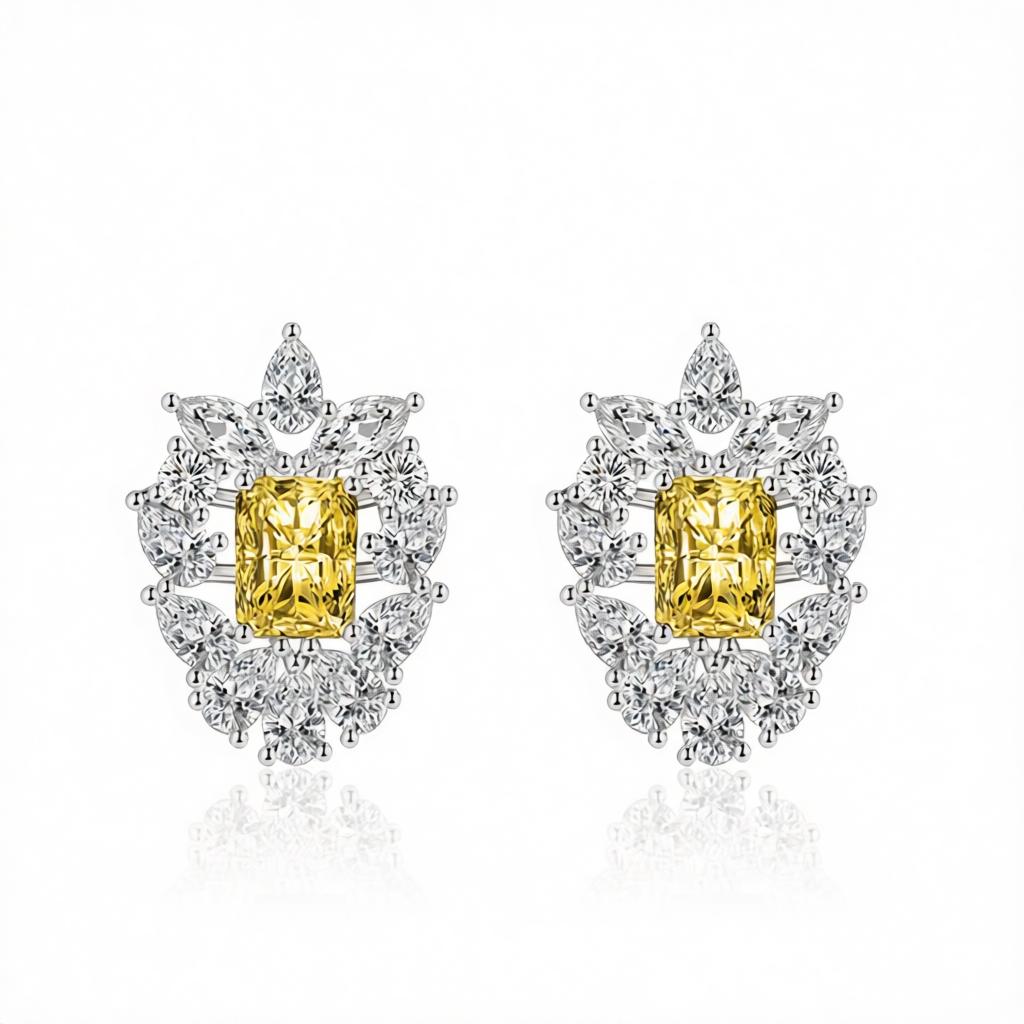 Yellow Crystal and Cubic Zirconia Cluster Stud Earrings, cubic zirconia stud earrings for women, side view