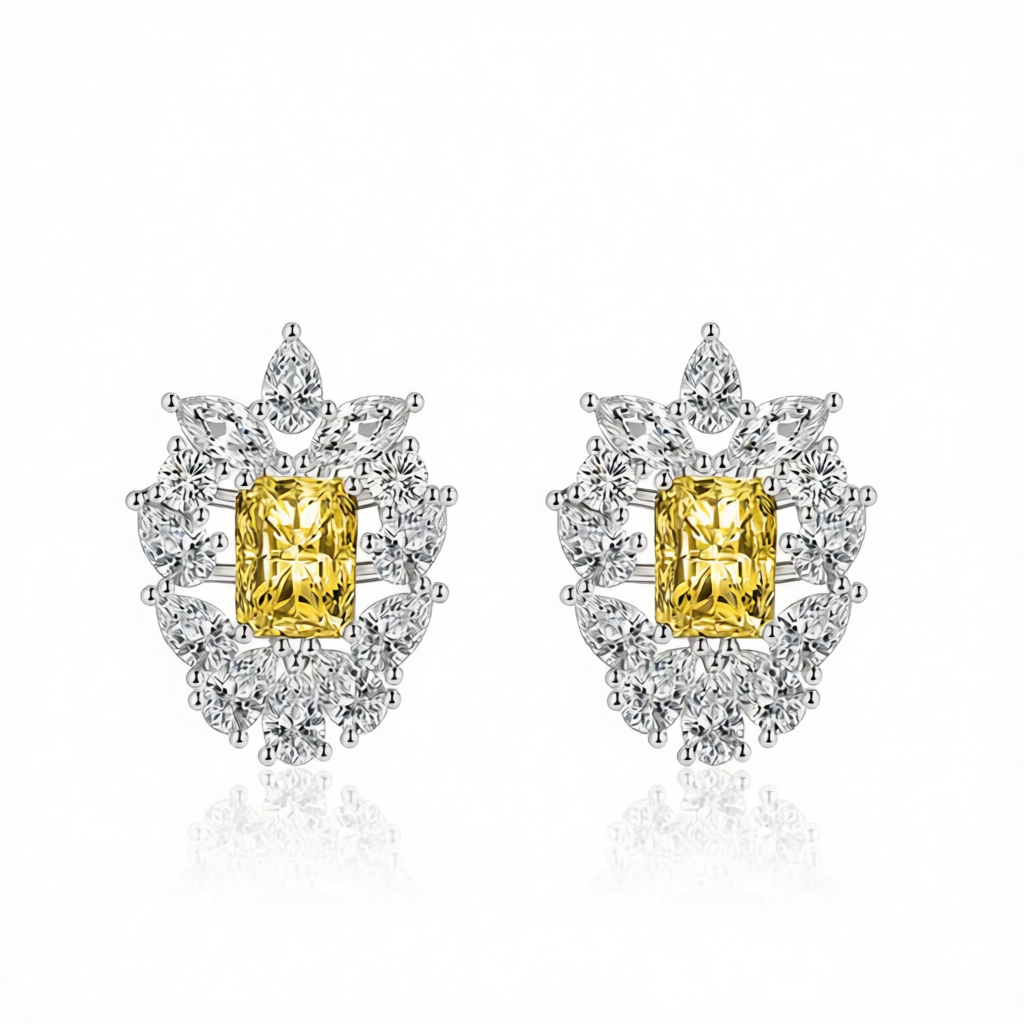 Yellow Crystal & Cubic Zirconia Cluster Stud Earrings
