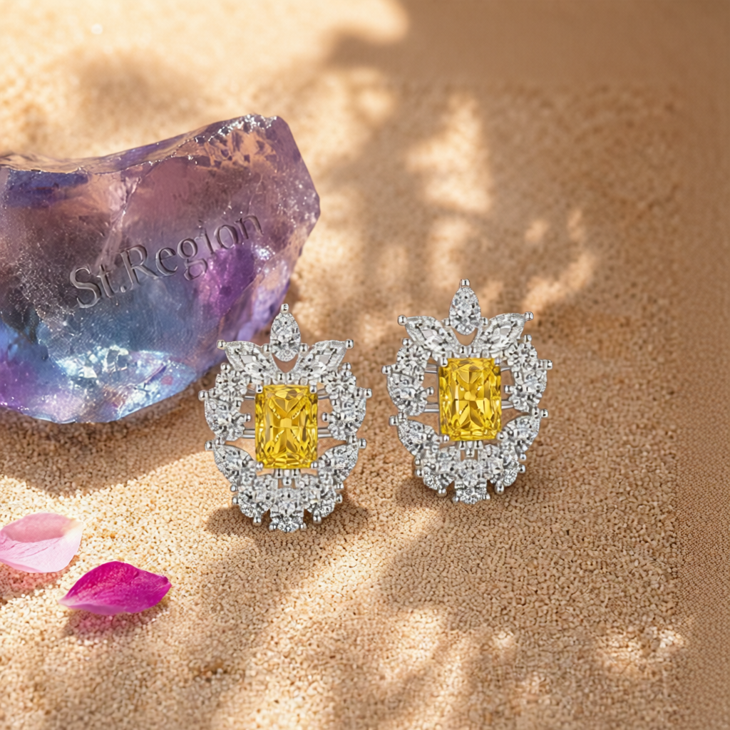 Yellow Crystal & Cubic Zirconia Cluster Stud Earrings