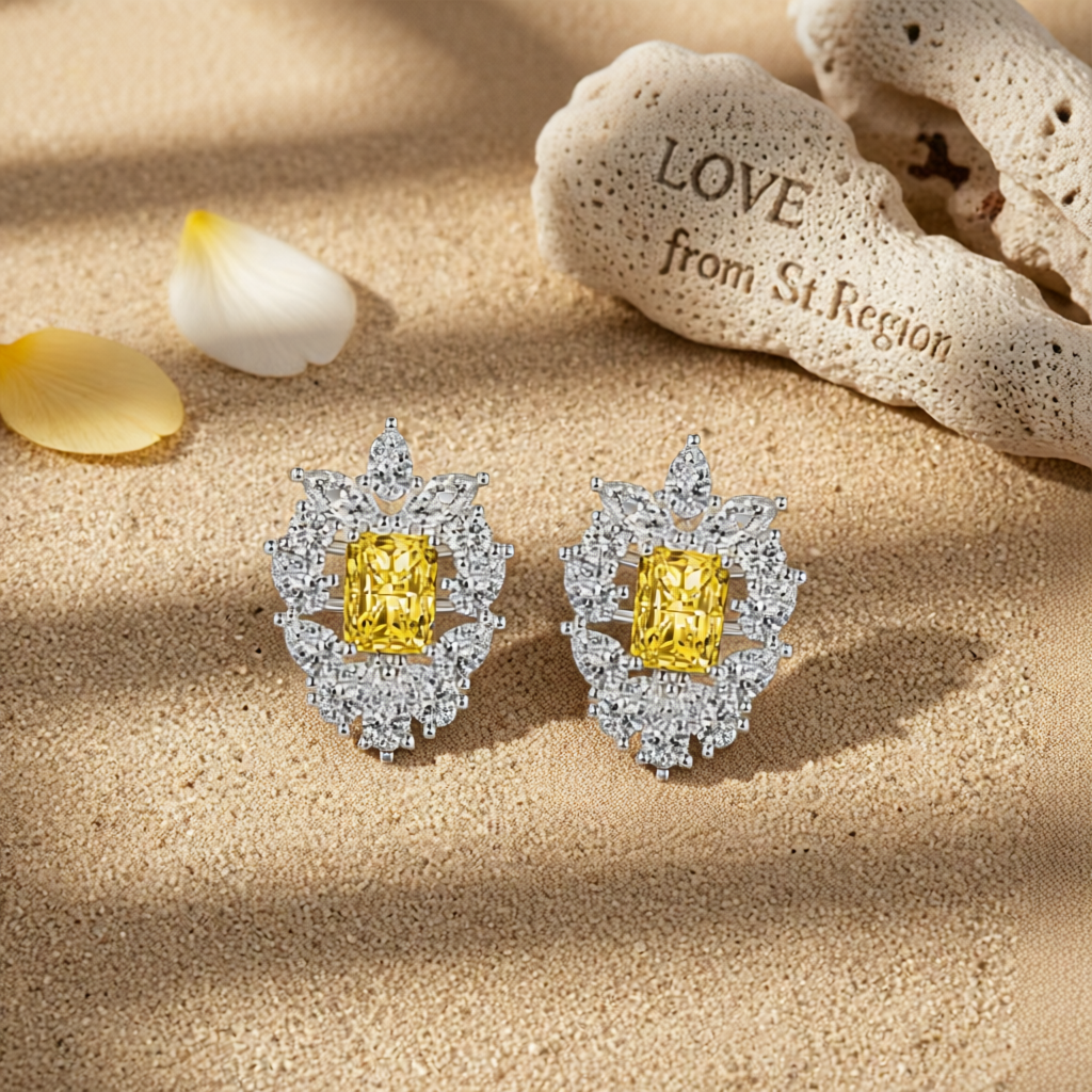 Yellow Crystal & Cubic Zirconia Cluster Stud Earrings
