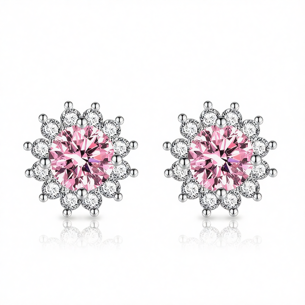 Pink Crystal & Cubic Zirconia Silver-Plated Flower Stud Earrings