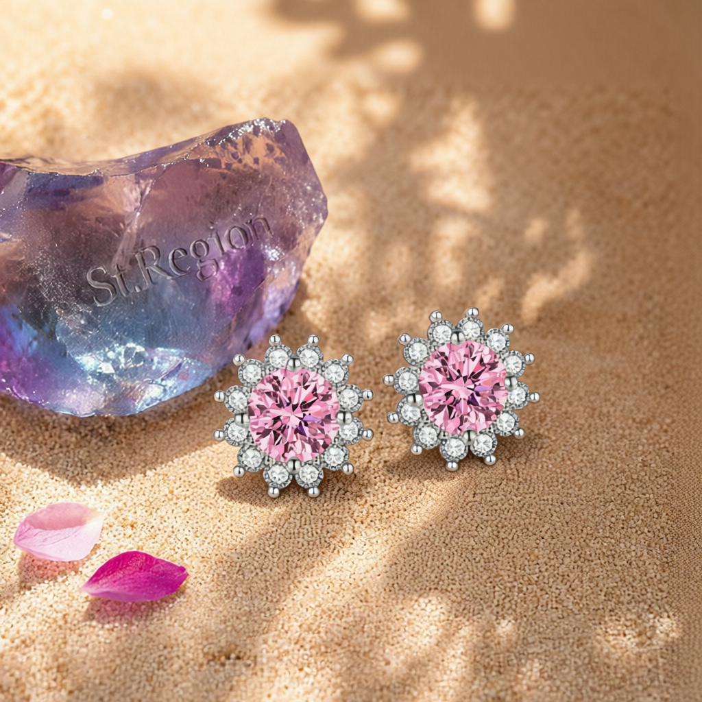 Pink Crystal & Cubic Zirconia Silver-Plated Flower Stud Earrings