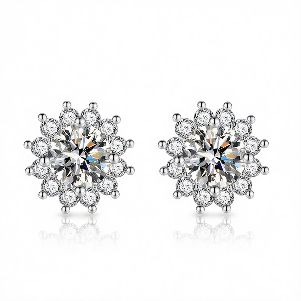 Clear Crystal and Cubic Zirconia Silvertone Flower Stud Earrings, silver stud earrings for women, side view