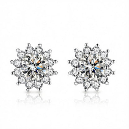 Clear Crystal and Cubic Zirconia Silvertone Flower Stud Earrings, silver stud earrings for women, side view