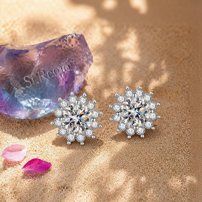 Clear Crystal and Cubic Zirconia Silvertone Flower Stud Earrings, silver stud earrings for women, detail close-up