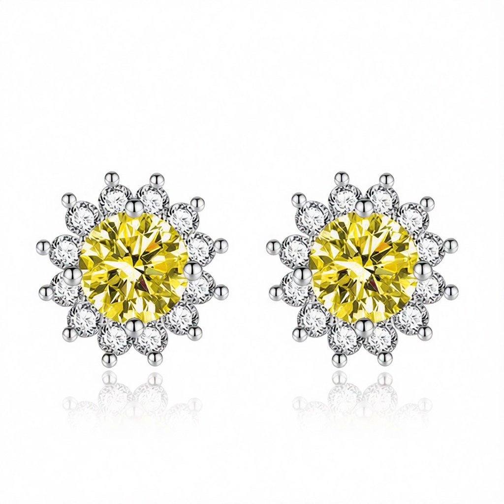Yellow Crystal & Cubic Zirconia Silver-Plated Flower Stud Earrings