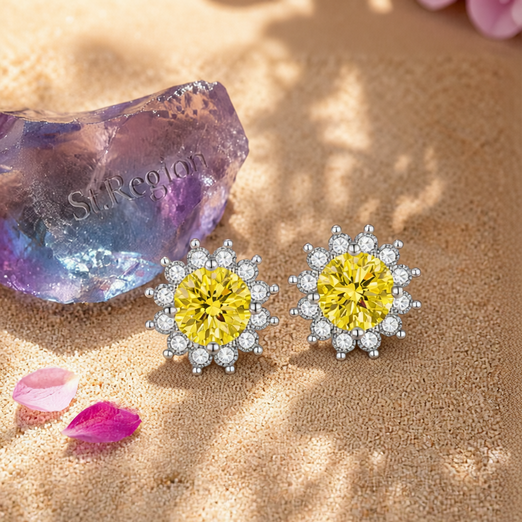 Yellow Crystal & Cubic Zirconia Silver-Plated Flower Stud Earrings