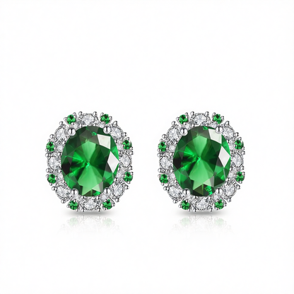 Cubic Zirconia & Green Crystal Oval Stud Earrings