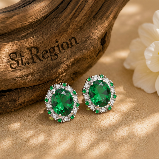Cubic Zirconia & Green Crystal Oval Stud Earrings