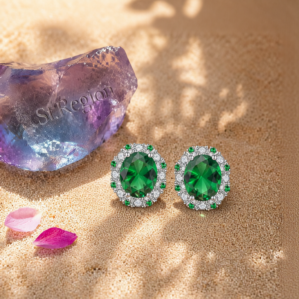 Cubic Zirconia & Green Crystal Oval Stud Earrings
