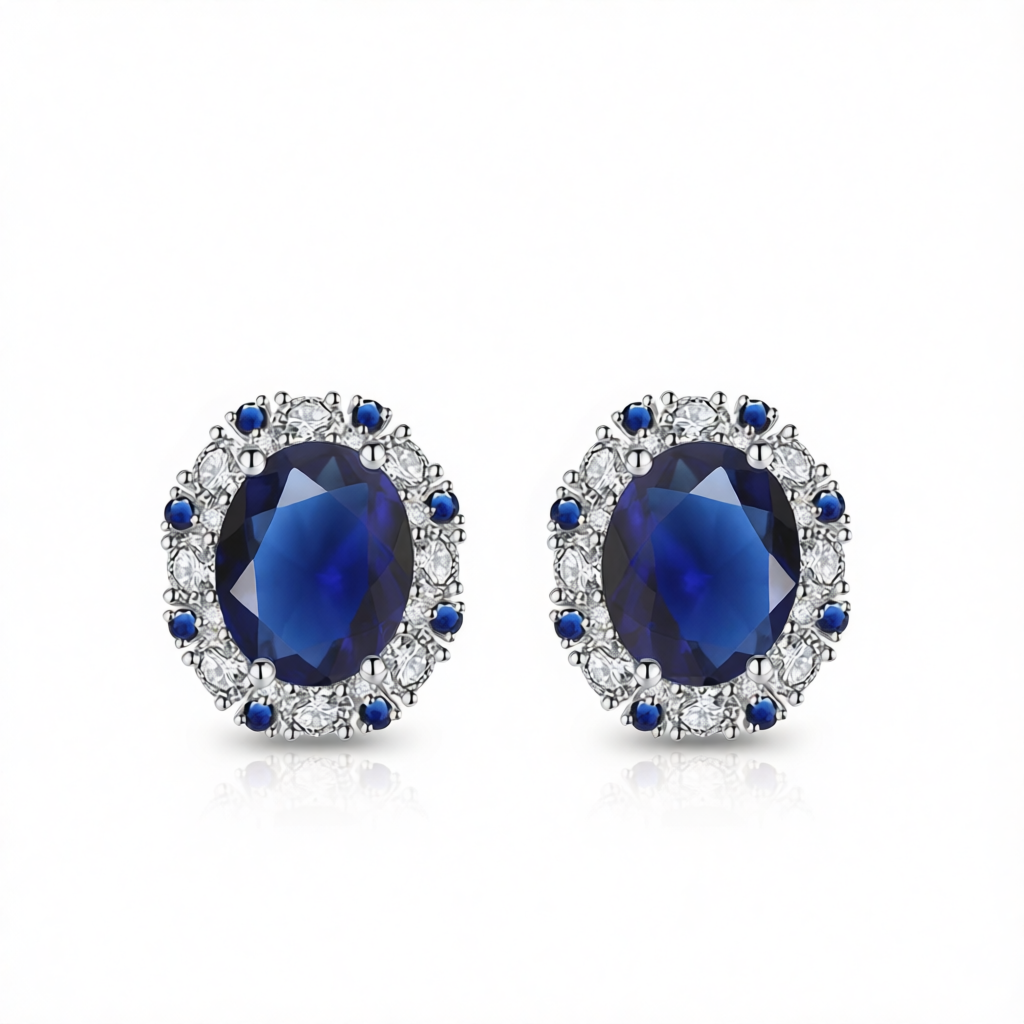 Cubic Zirconia & Navy Crystal Oval Stud Earrings