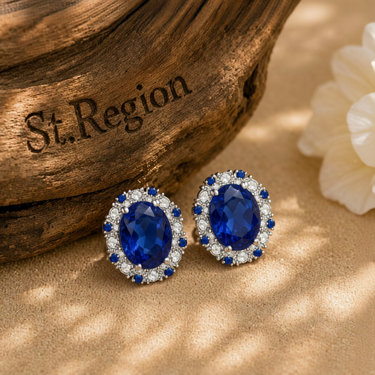 Cubic Zirconia & Navy Crystal Oval Stud Earrings