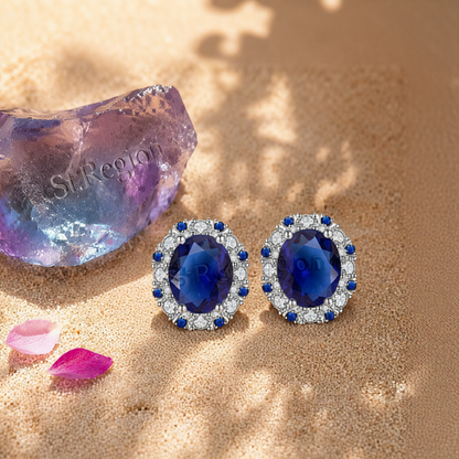 Cubic Zirconia & Navy Crystal Oval Stud Earrings