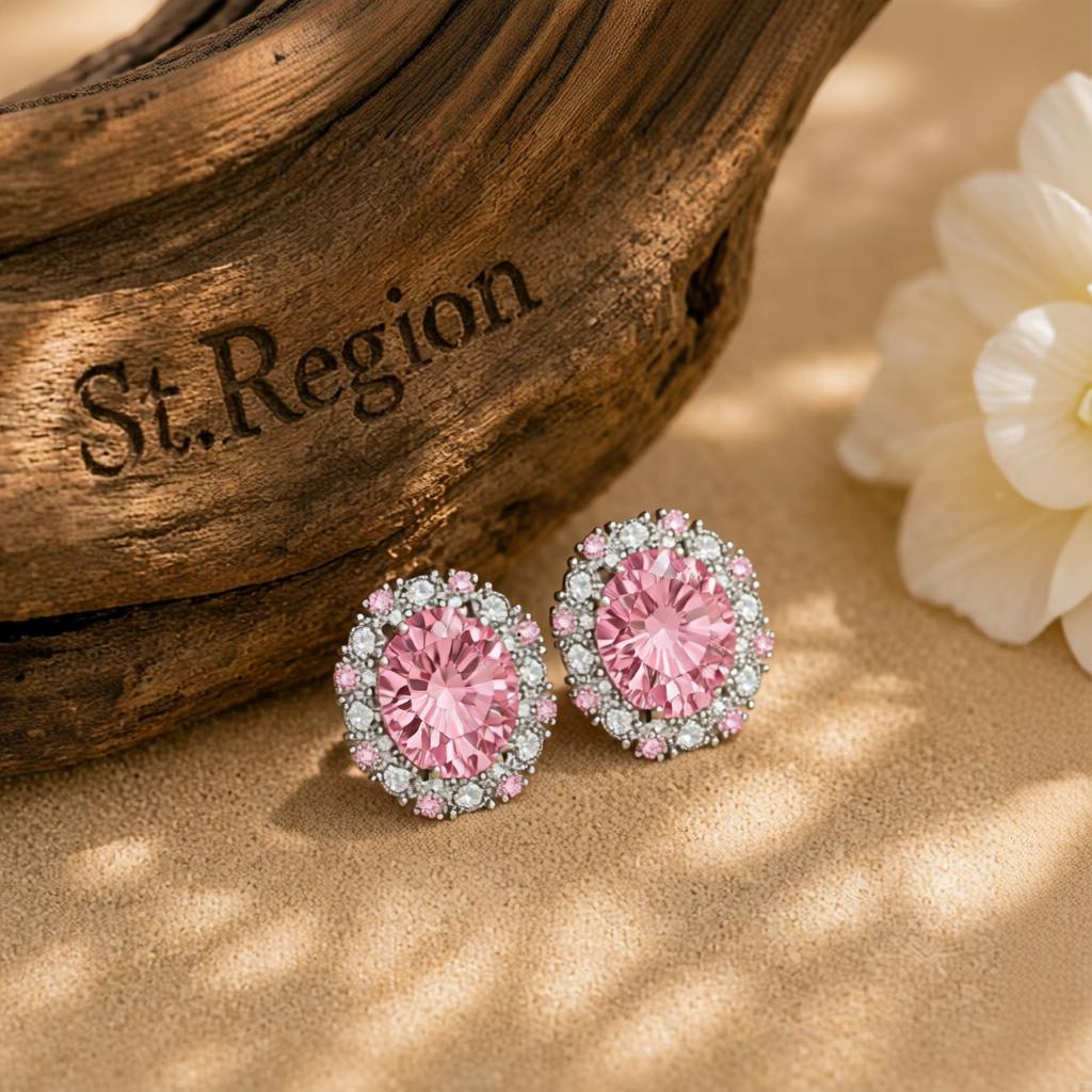 Cubic Zirconia and Pink Crystal Oval Stud Earrings, cubic zirconia stud earrings for women, everyday style, front view