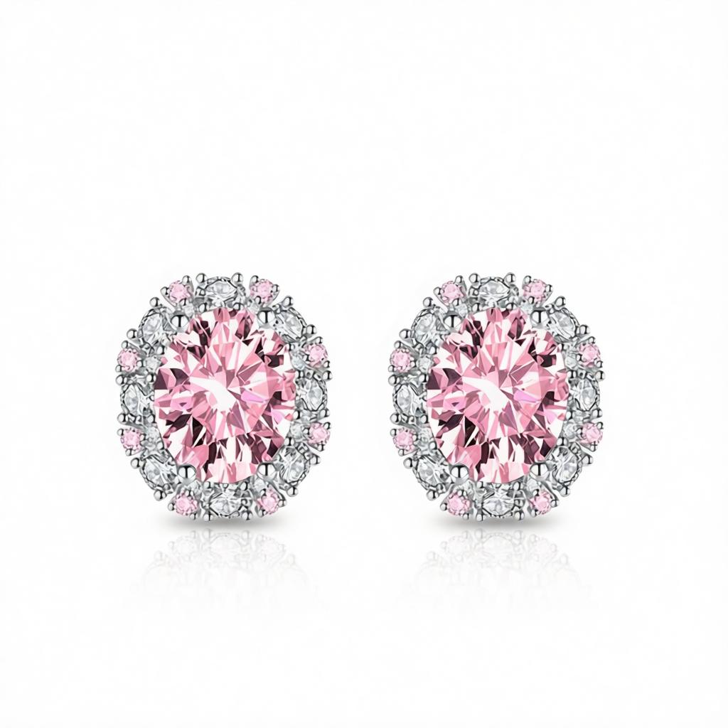 Cubic Zirconia and Pink Crystal Oval Stud Earrings, cubic zirconia stud earrings for women, everyday style, side view