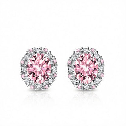 Cubic Zirconia and Pink Crystal Oval Stud Earrings, cubic zirconia stud earrings for women, everyday style, side view