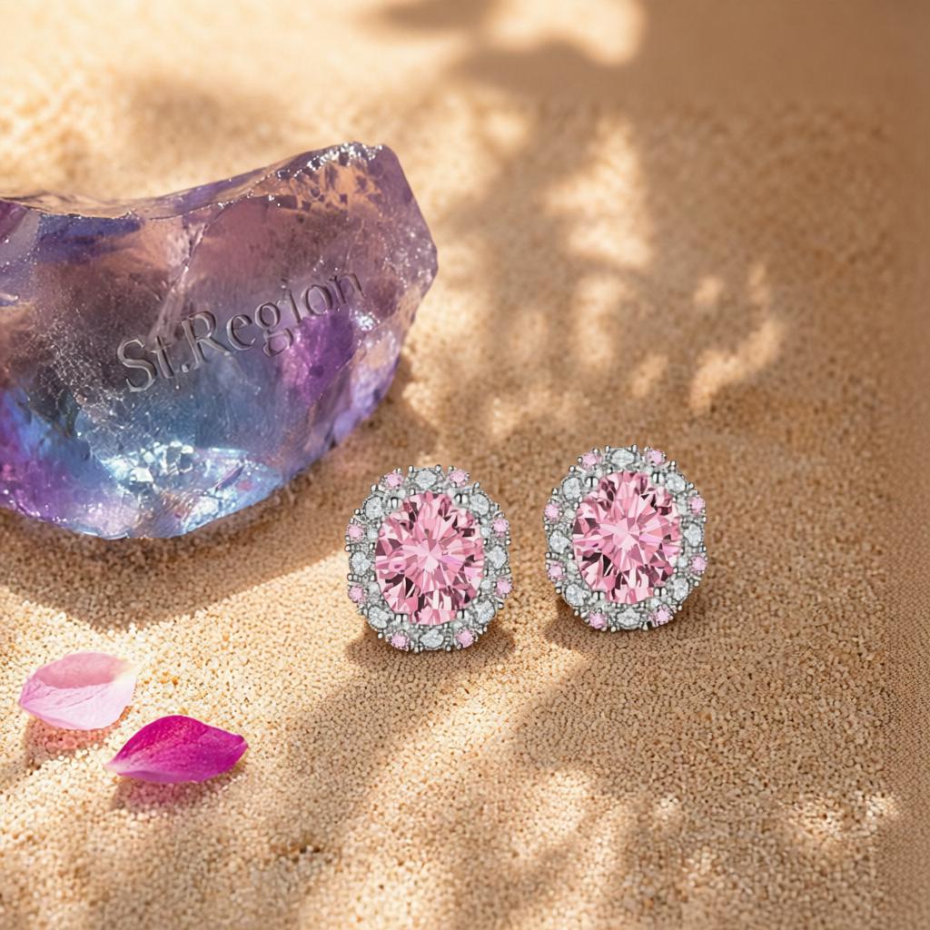 Cubic Zirconia and Pink Crystal Oval Stud Earrings, cubic zirconia stud earrings for women, everyday style, detail close-up