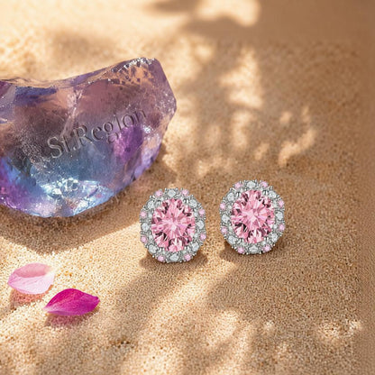 Cubic Zirconia and Pink Crystal Oval Stud Earrings, cubic zirconia stud earrings for women, everyday style, detail close-up
