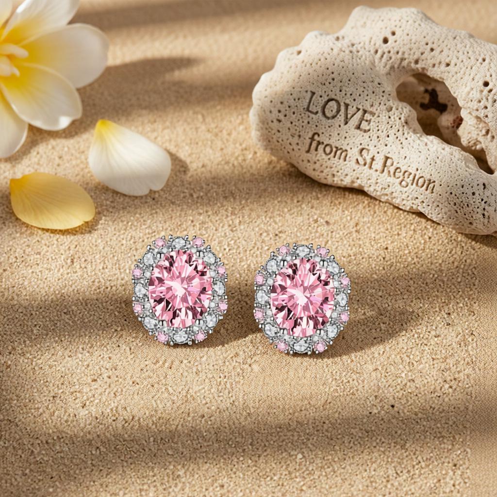 Cubic Zirconia and Pink Crystal Oval Stud Earrings, cubic zirconia stud earrings for women, everyday style, lifestyle look