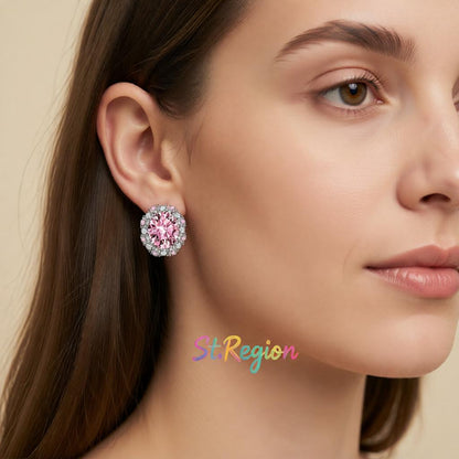Cubic Zirconia and Pink Crystal Oval Stud Earrings, cubic zirconia stud earrings for women, everyday style, styled look