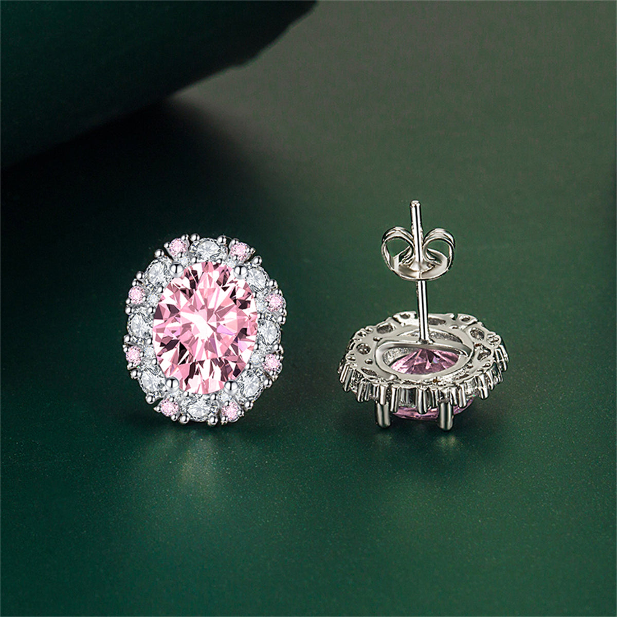 Cubic Zirconia & Pink Crystal Oval Stud Earrings