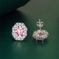 Cubic Zirconia & Pink Crystal Oval Stud Earrings