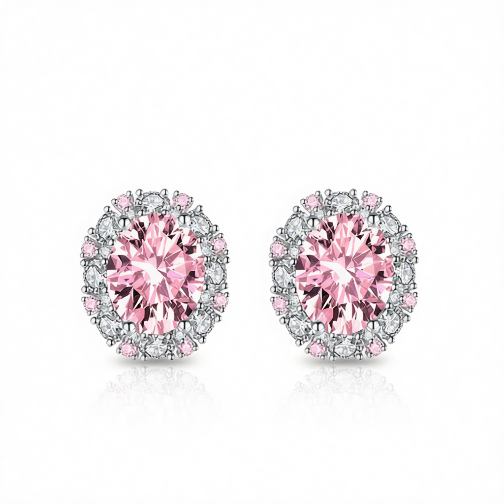 Cubic Zirconia & Pink Crystal Oval Stud Earrings
