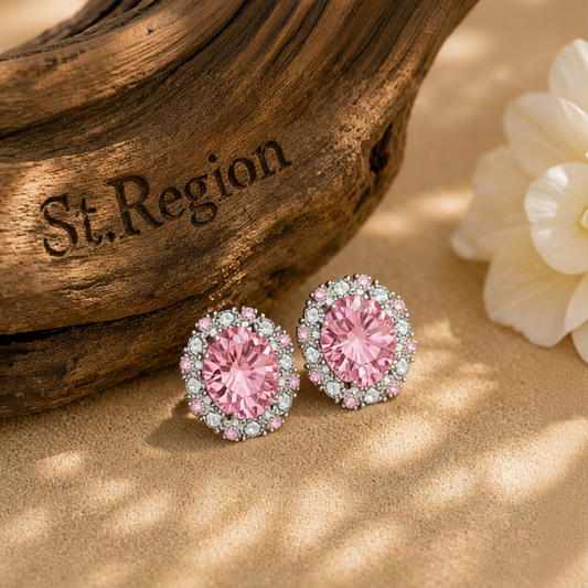 Cubic Zirconia & Pink Crystal Oval Stud Earrings