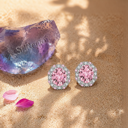 Cubic Zirconia & Pink Crystal Oval Stud Earrings
