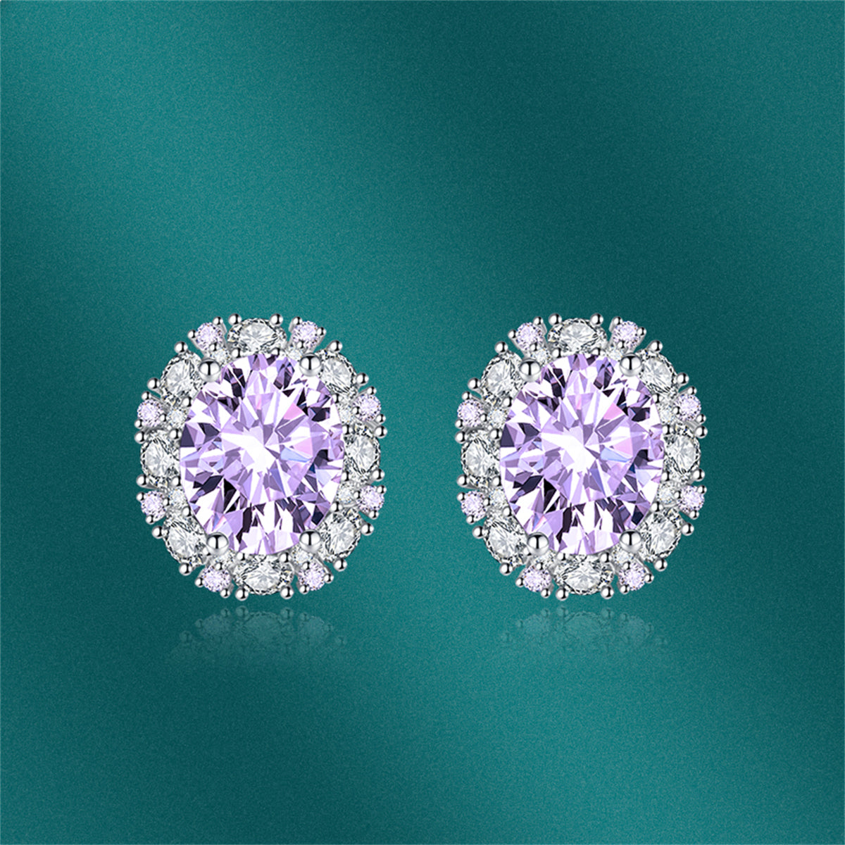 Cubic Zirconia & Purple Crystal Oval Stud Earrings