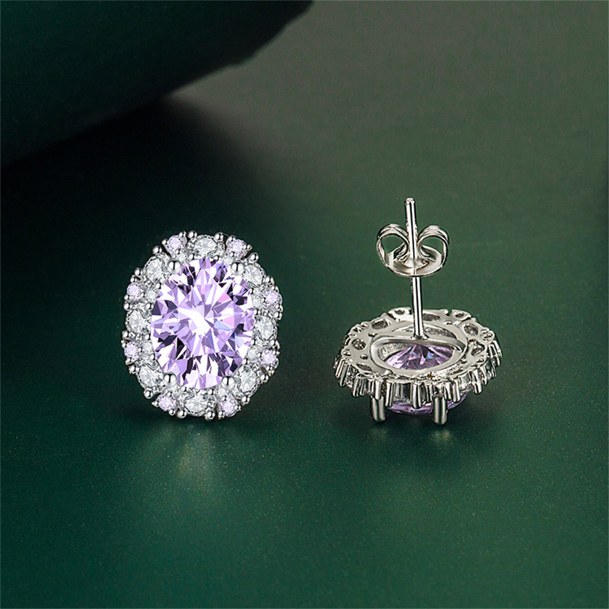 Cubic Zirconia & Purple Crystal Oval Stud Earrings