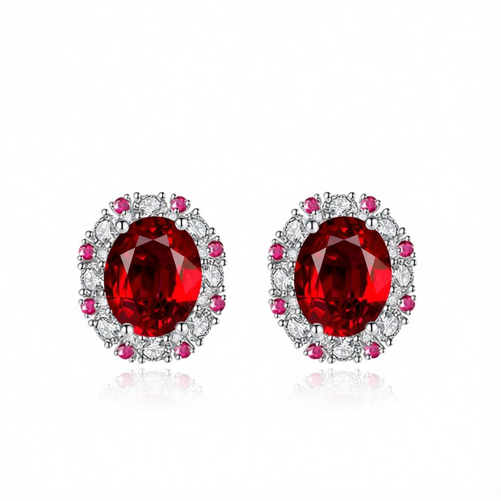 Cubic Zirconia and Red Crystal Oval Stud Earrings, cubic zirconia stud earrings for women, everyday style, side view