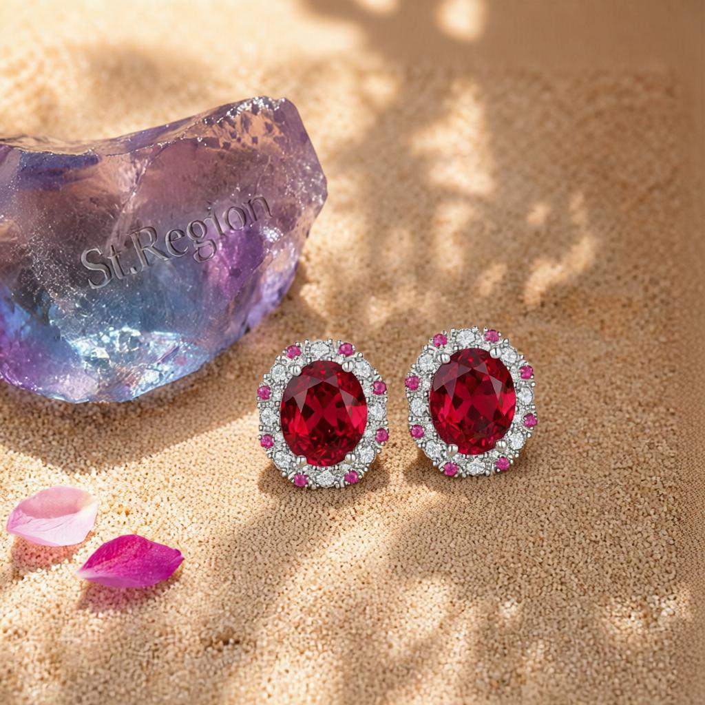 Cubic Zirconia and Red Crystal Oval Stud Earrings, cubic zirconia stud earrings for women, everyday style, detail close-up