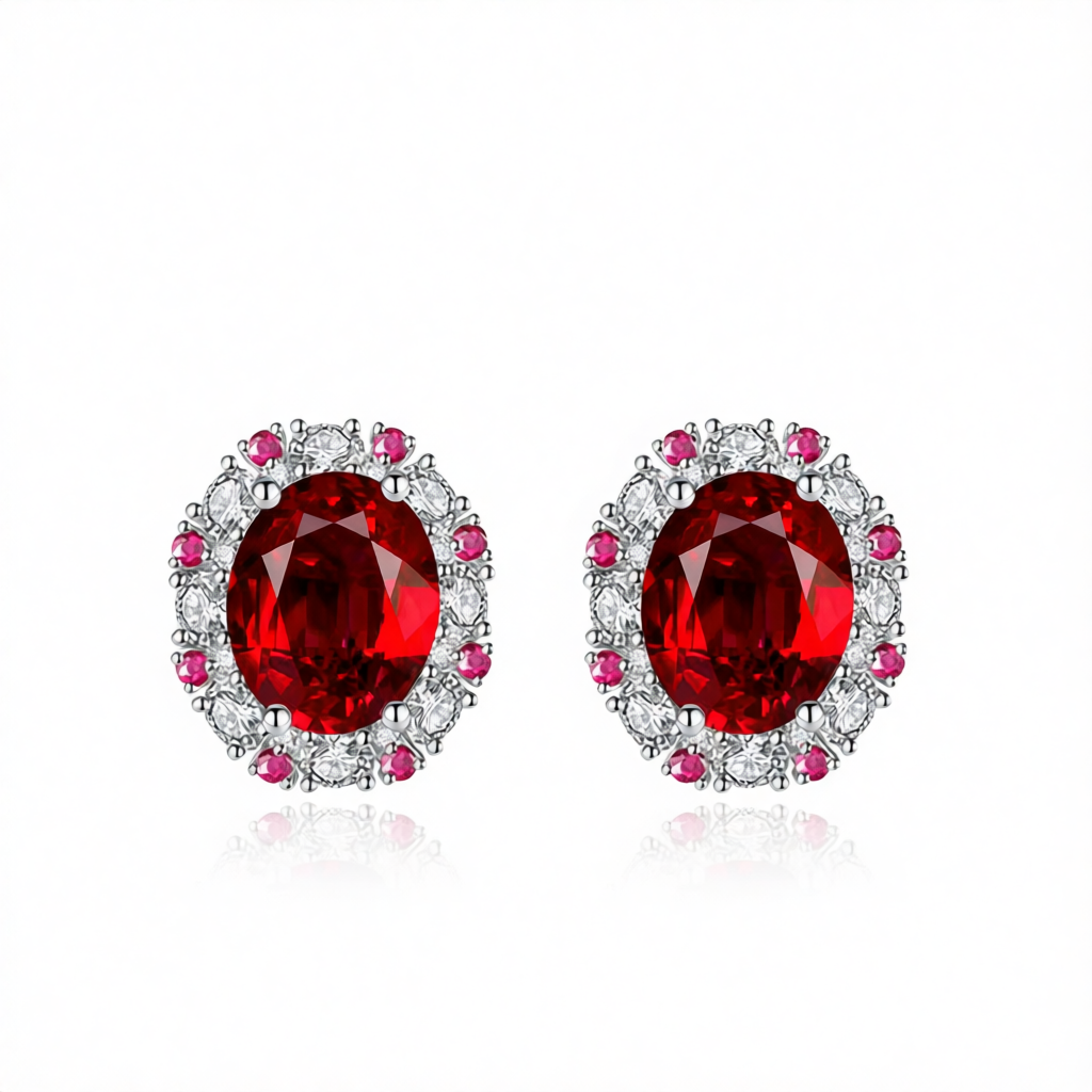 Cubic Zirconia & Red Crystal Oval Stud Earrings