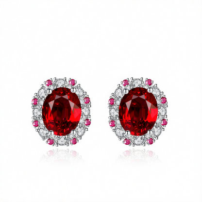 Cubic Zirconia & Red Crystal Oval Stud Earrings