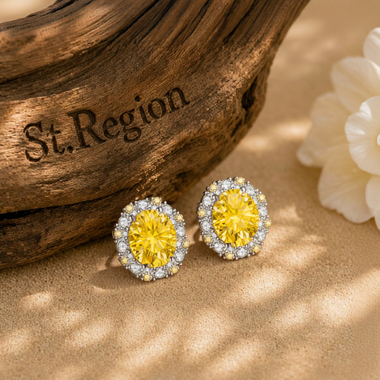 Cubic Zirconia & Yellow Crystal Oval Stud Earrings