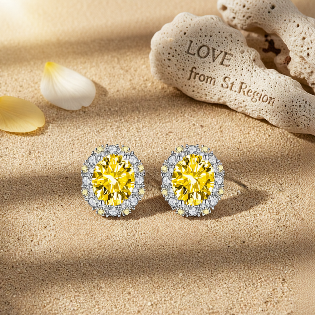 Cubic Zirconia & Yellow Crystal Oval Stud Earrings