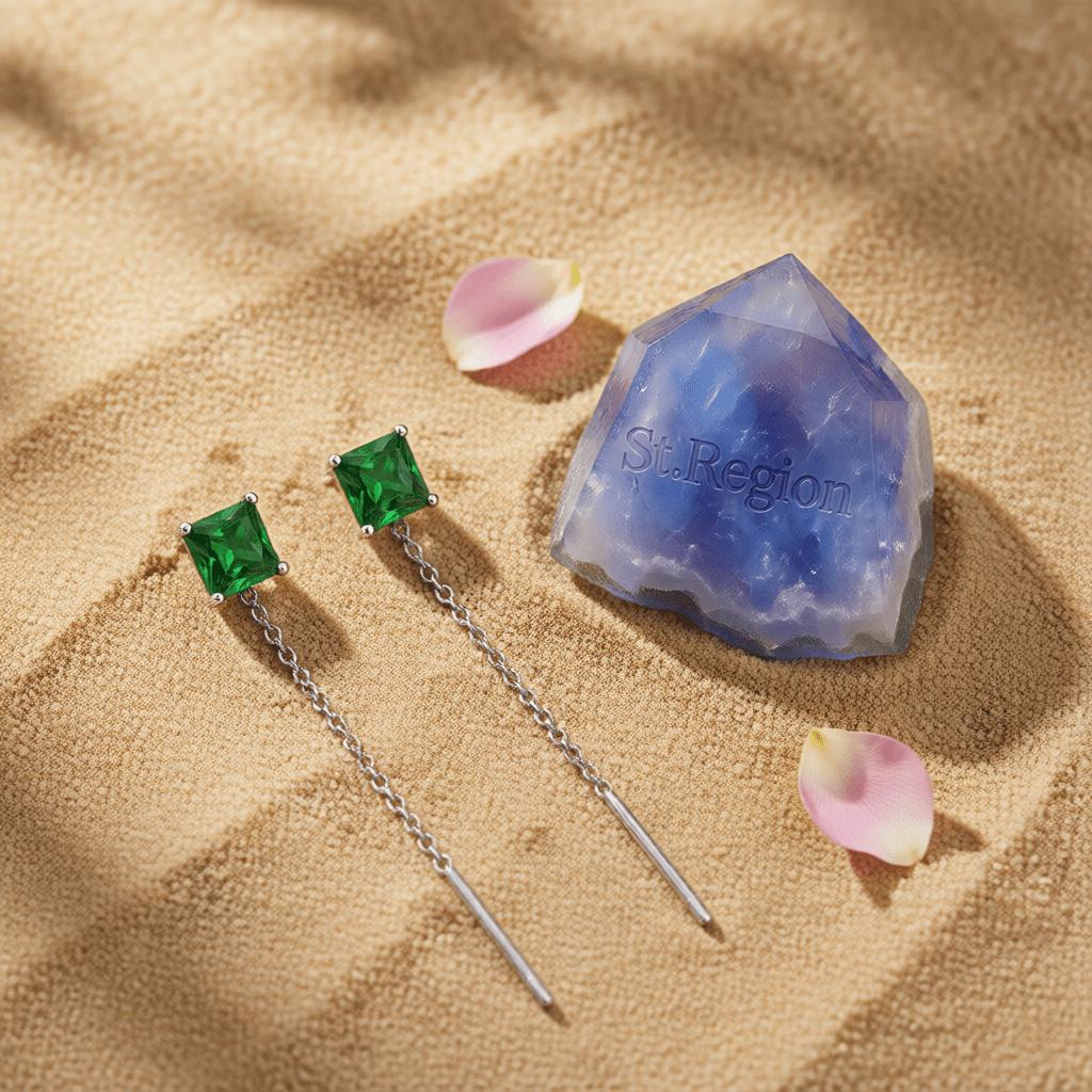Green Crystal and Silvertone Cube Threader Earrings, elegant gift for her, detail close-up