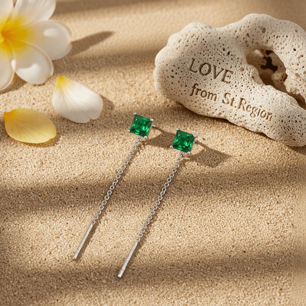 Green Crystal and Silvertone Cube Threader Earrings, elegant gift for her, lifestyle look