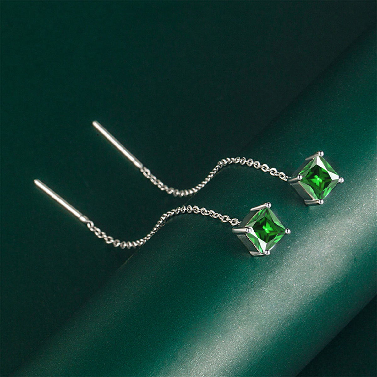 Green Crystal & Silver-Plated Cube Ear Threaders