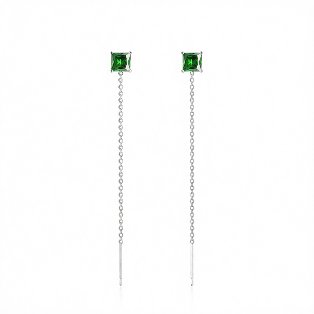 Green Crystal & Silvertone Cube Threader Earrings