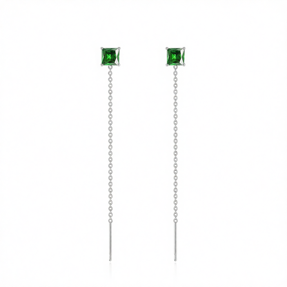 Green Crystal & Silvertone Cube Threader Earrings