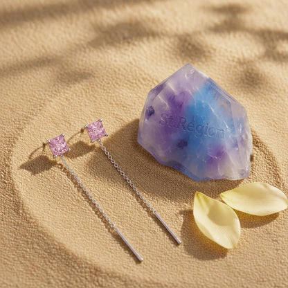 Pink Crystal and Silvertone Cube Threader Earrings, everyday style, detail close-up