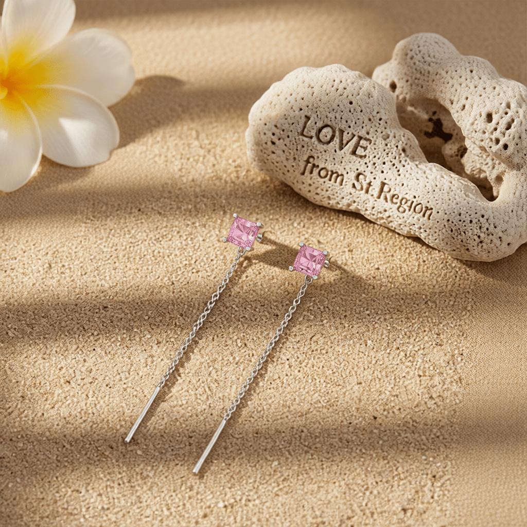 Pink Crystal and Silvertone Cube Threader Earrings, everyday style, lifestyle look