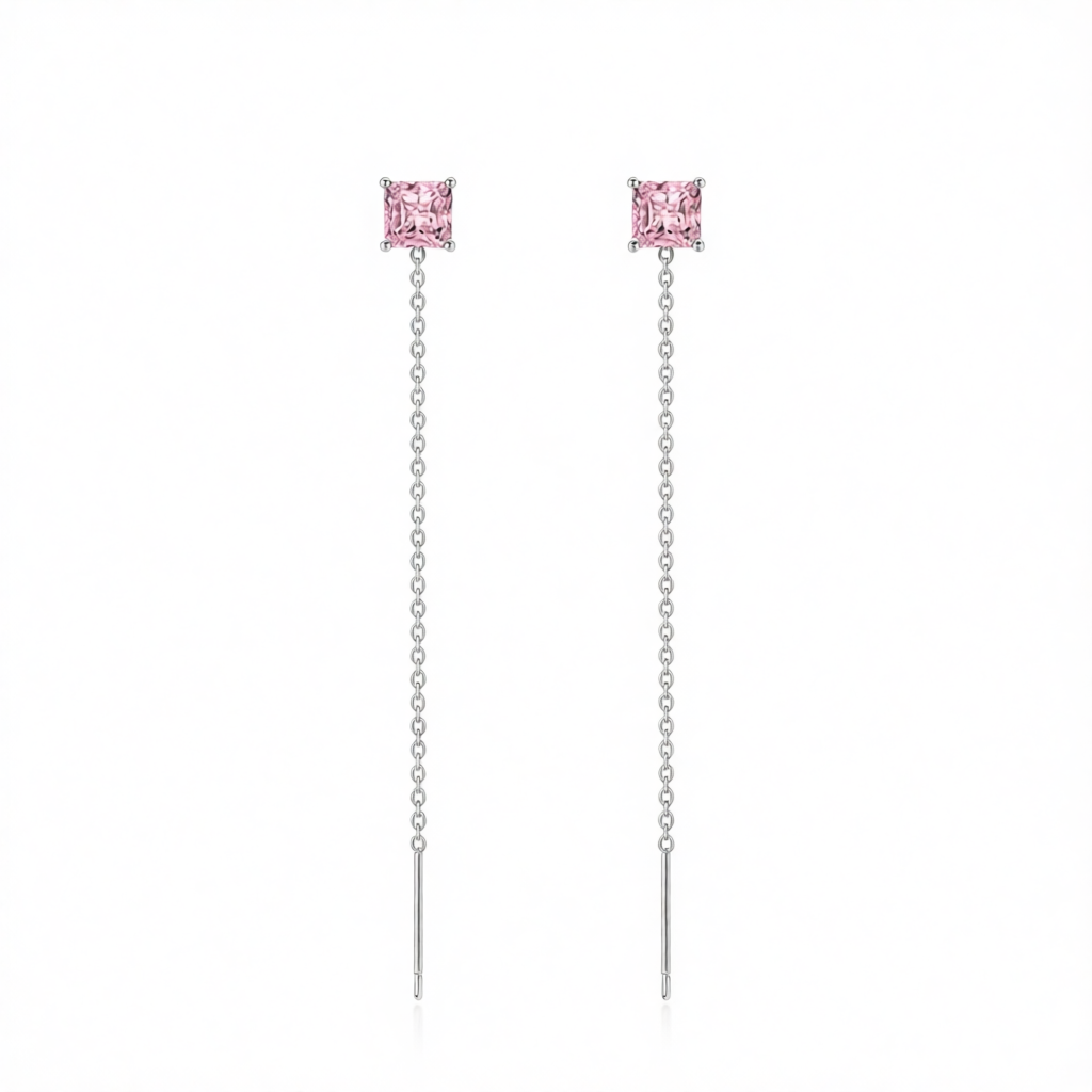 Pink Crystal & Silvertone Cube Threader Earrings